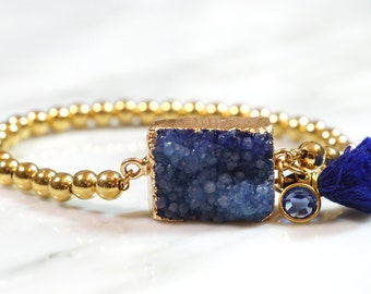 Druzy bracelet, Blue druzy bracelet, Boho bracelets, tassel bracelet, Gold bracelet, Druzy jewelry, Geode bracelet, Drusy bracelet