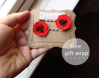 Hair Pins 2 Small Red Poppy Hair Clips, 1" Silk Fabric Poppies Hair Flower Bobby Pin, Tiny Rose Red hair Clips Women, Floral Wedding Hairpin