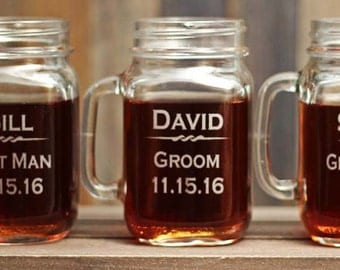 Groomsmen Rustic Wedding Mason Jar Gifts Custom Engraved Outdoor Barn Wedding Mason Jars - ANY QUANTITY - 16oz Glass Mason Jars with Handle