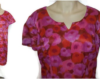 Vintage 1960s Dress Pink Red Watercolor Abstract Floral Print Dated Fitted Large 60s Dress Mod Cute! sz L chest to 44 in