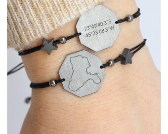 Map bracelet gift. Laser engraved gift Map and Coordinates bracelet. Personalized bracelet.Customised Design bracelet. memory gift bracelet