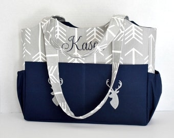 Personalized Diaper Bag in Gray Arrows and Navy Blue with Embroidered Deer for Boy or Girl