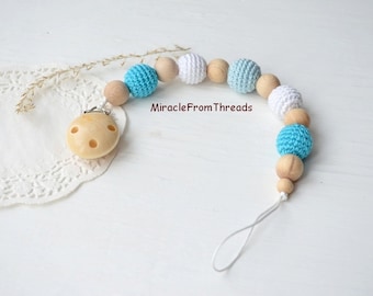 Wooden Dummy clip, Blue Pacifier chain, wooden teether, baby holder toy, Beaded pacifier clip, Pacifier holder, Accessory baby,Chewing beads