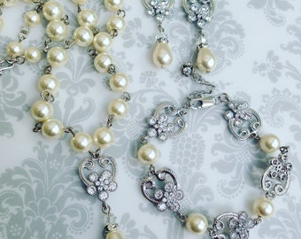 Bridal Jewelry Set, Wedding Jewelry Set, Bridal Pearl Jewelry Set, Bridal Pearl Necklace Earrings, Bridal Pearl Bracelet, Vintage Inspired