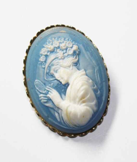Lady with Flowers Hat Blue Faux Cameo Brooch c1960s
