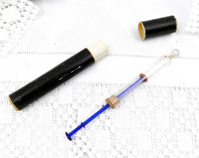 Antique French Boxed Blue and Clear Glass Syringe Extractor / Extraction Tube, Apothecary Laboratory Medical Equipment, Curios Doctor Prop