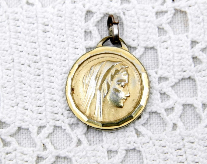 Vintage French Religious Gold Plated Medal Virgin Mary and Apparition at Lourdes in France, Charm, Catholic Religion, Madonna, Our Lady
