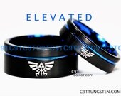 10MM & 6MM Tungsten Wedding Set, Legend Of Zelda Inspired, Brushed Black With Deep Ocean Blue Infinity Groove, Free Inside Engraving