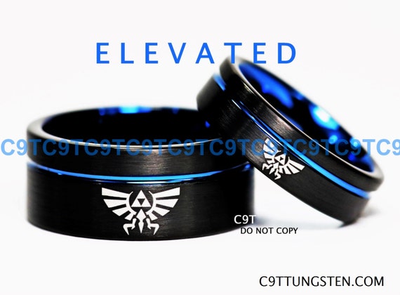 10MM & 6MM Tungsten Wedding Set, Legend Of Zelda Inspired, Brushed Black With Deep Ocean Blue Infinity Groove, Free Inside Engraving