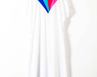 Vintage Geometric Detail Summer Dress - Batwing Dress in White with Detail Neckline - UK14