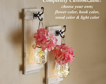 Mason Jar Wall Sconces, Wall Decor, Lighted Sconces, Wall Hangings, Rustic Decor, Wall Sconce, Wall Sconce Set W/ Hydrangeas, Large 16"x6.5"