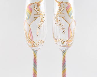 Long Tail Unicorn Crystal Champagne Flutes (curvy stem)
