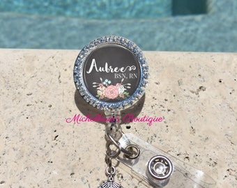 Retractable Badge Holder,Personalized Badge Reel,Bling Badge Reel,Badge Holder,Nurse,Pharmacy,RX,RN BSN, Floral Chalkboard, MB300