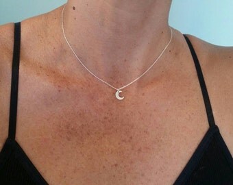 Tiny Sterling Moon Necklace, Crescent Moon, Sterling Silver Necklace, Silver Moon, Hammered, Dainty Necklace, Tiny Necklace