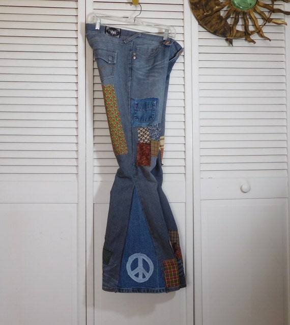 Patched Bell Bottom Jeans Peace Sign Patch Hippie Clothes