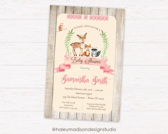 Floral Woodland Baby Shower Invitation, Rustic Woodland Baby Shower, Whimsical, Girl Baby shower DIGITAL FILE