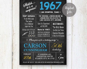 Surprise 50th Birthday Invitations | Chalkboard 50th birthday invitation for him dad father best boss | Fun facts 1967 DIGITAL file!