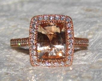 Peach Sapphire Engagement Ring, 2 Carat Cushion Peach Sapphire in Rose Gold Milgrain Bezel Diamond Halo Engagement Ring