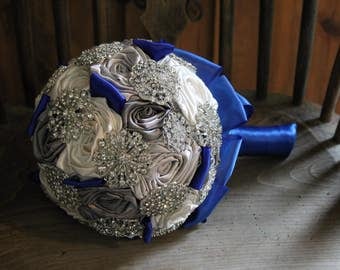 Royal Blue Brooch Bouquet, Silver & Grey Brooch Bouquet, Royal Blue Wedding Bouquet, Royal Blue Bridal Bouquet