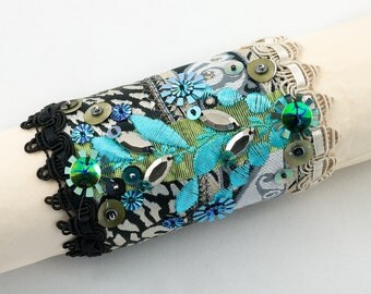Cuff bracelet-ribbon-sequins-Fabric cuff beaded bracelet-Black-beige-turquoise