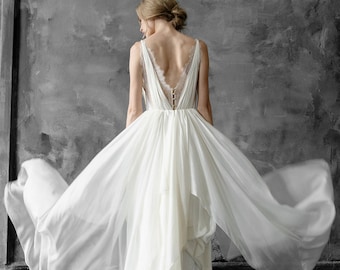 Simple silk and lace wedding dress with V-neck and button detail, silk bridal gown // Amalthea