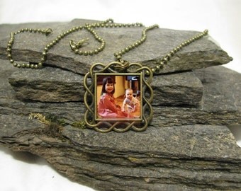 20mm Square Charm Pendant Necklace, Custom Photo Pendant Necklace