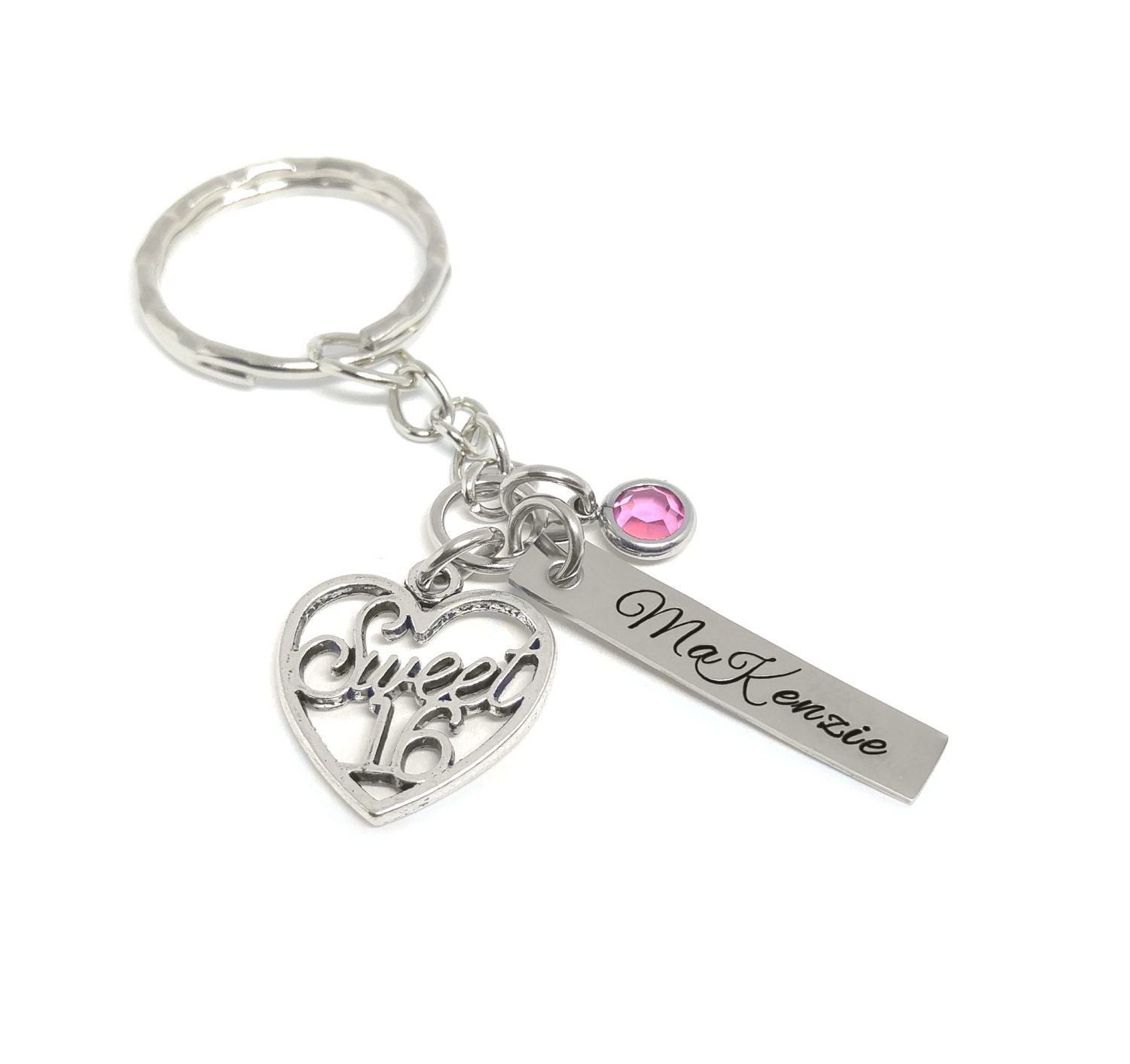 Sweet 16 Key Chain Personalized Hand Stamped Birthday Girl Name Tag