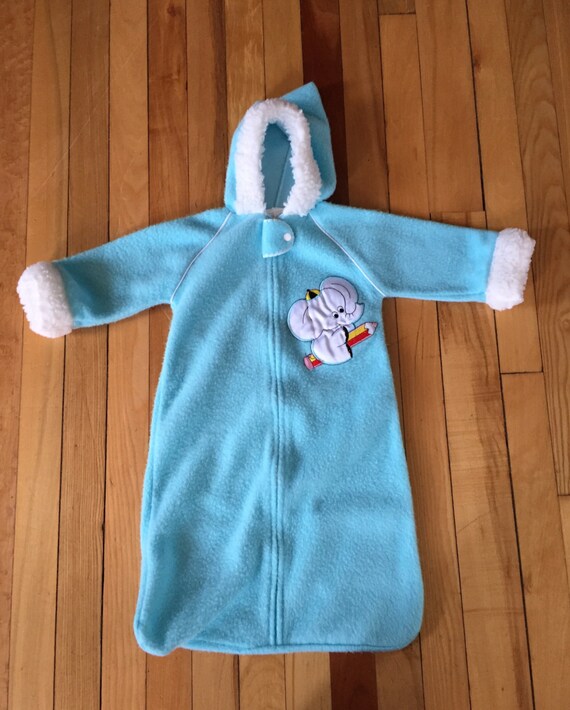 Vintage 1970s Infant Baby Boys Blue Elephant Fleece Snowsuit Bunting Bag! Size NB