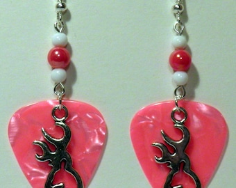 Silver BROWNING BUCK Deer Charm on Guitar Pick Beaded Earrings - Handmade in USA