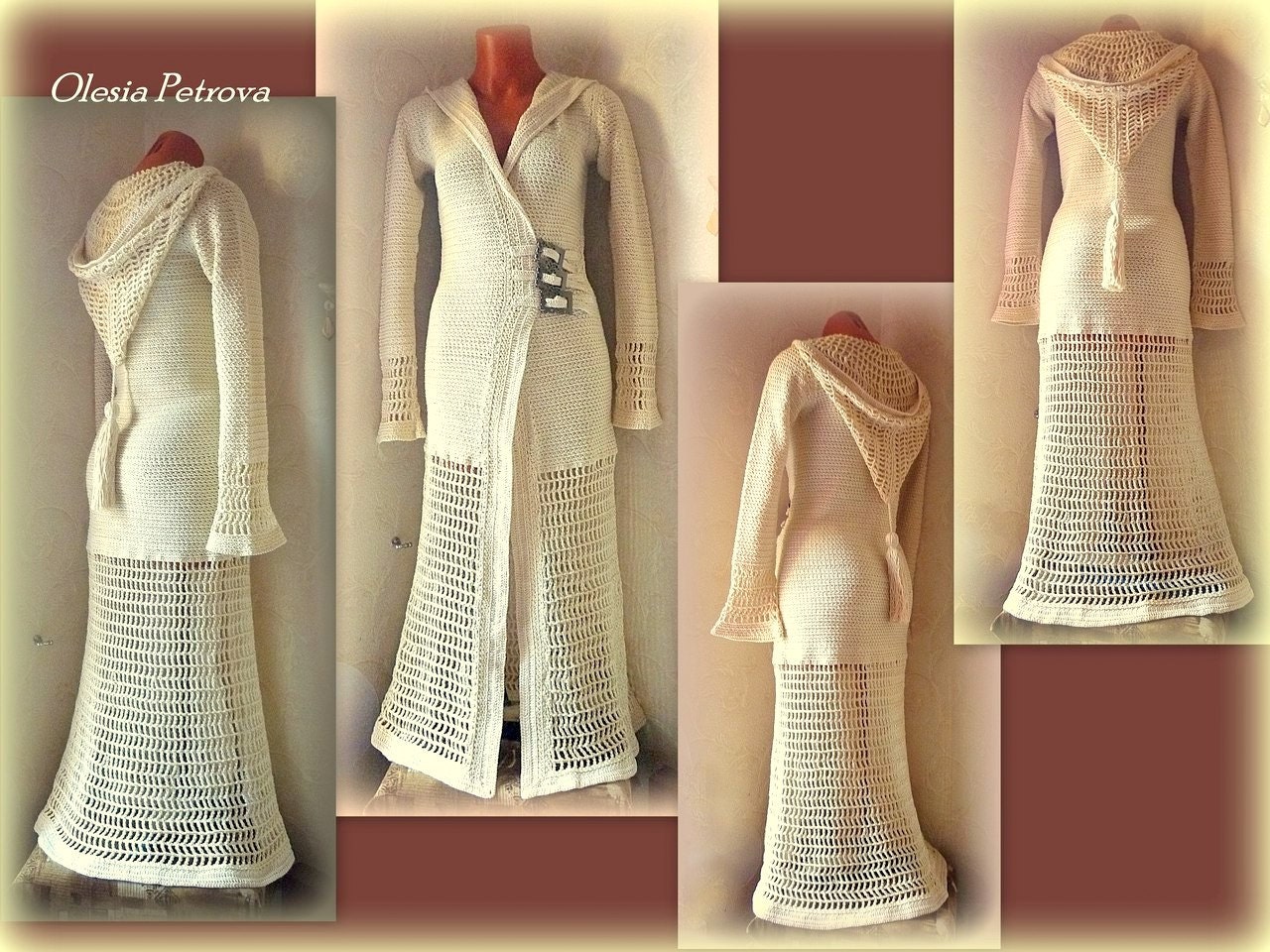 Long Hooded Coat Crochet Trench coat Cream Maxi by OLEANDR on Etsy