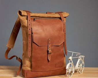Waxed canvas backpack - Mens / Womens canvas leather backpack - School backpack. Waxed canvas rucksack.