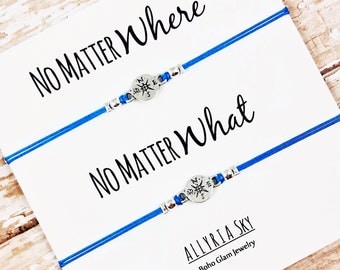 Set of Two Compass Friendship Bracelets with "No Matter Where No Matter What" Card | BFF, Best Friend Gift Jewelry | Matching Bracelet Set