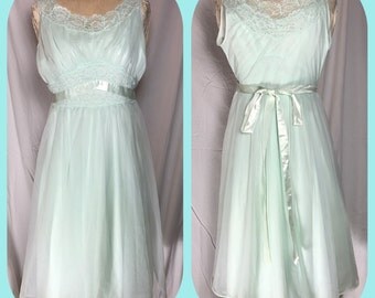 1960s Pistachio Green Chiffon over Nylon Nightgown with Lace and Ribbon Styling - Size Bust 32