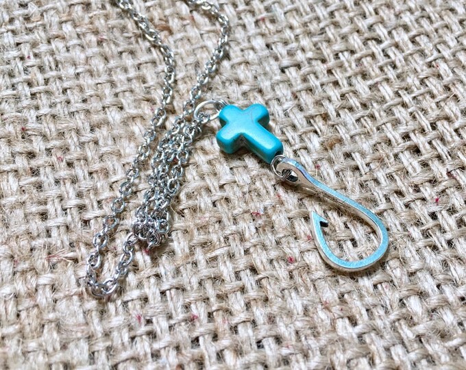 Fish Hook Necklace, Silver Hook Necklace, Fishing Jewelry, Fishing Necklace, Country Girl Jewelry, Fishing Jewelry, Howlite Cross Necklace