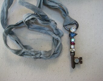 Vintage Necklace, Vintage Key, Vintage Crystals, OOAK, Repurposed, Upcycled, Reclaimed, Vintage Assemblage,Recycled, Gray Sari Silk /N116