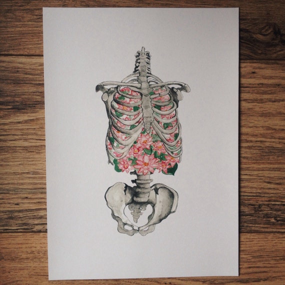 Ribs lungs flowers skeleton print anatomy art by OssuariumFloreus