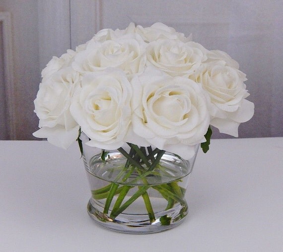 12 white or cream rose/roses glass vase faux water
