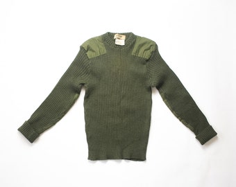 Military Sweater Army Green 80s Chunky Knit Mens Jumper Shirt Ribbed Wool Elbow Patches 1980s Olive Pullover Extra Small