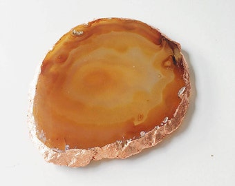 Rose Gold Gilded Agate Drinks Coaster in Amber with Rose Gold Leaf Edging. Luxury Boho Homewear