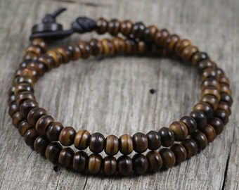 Mens Beaded Bracelet, Mala, Men's Leather Bracelet, Surfer Bracelet, Prayer, Horn Beads, Brown, Leather Cord, Bohemian, Rustic, Masculine