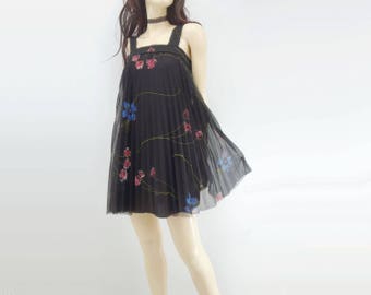 sale 70s Trapeze Dress 70s Mini Dress Black Floral Dress Sheer Floral Dress 1970s Babydoll Dress Pleated Mini Dress 70s Boho Black Dress xs