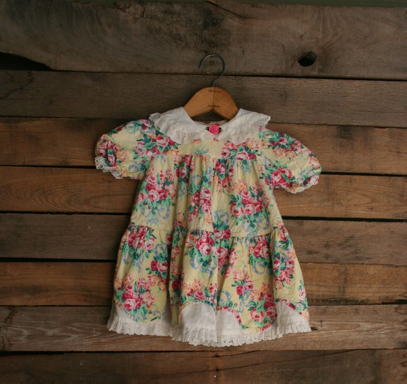 Vintage Little Girls Blue Green Yellow & Pink Floral Dress