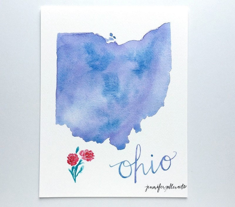 Ohio state map art print watercolor buckeye wall art