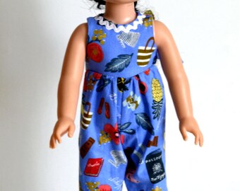 14.5" Doll Clothes, Fits Wellie Wishers, 14.5" Doll Periwinkle Blue One Piece Romper, Doll Hair Accessory, 2 French Clip,Fabric & Vinyl Bows