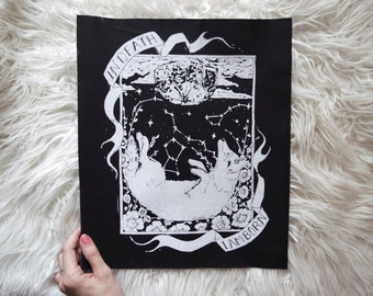 Original Hand carved Block Print sew-on back patch in Black Canvas by MoonGoddessMarket®
