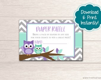 Printable Owl Baby Shower Diaper Raffle Card - Mint & Lavender Baby Shower - Cute Purple Owl Baby Shower Package - Instant Download - BS53