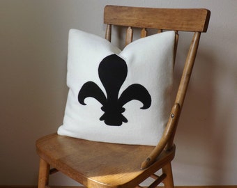 Wool Pillow with Fleur De Lis Applique ~ Black and White Wool ~ Grommet and Bow Closure