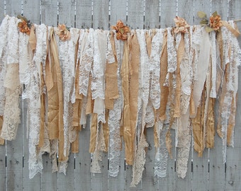 French Country Decor, Garland, Gold, Ivory, Lace, Burlap, Lace Banner, Shabby Chic, Boho, Rustic, Wedding, Decor, Holiday, Photo Backdrop