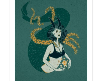 CAPRICORN Poster, Zodiac Print, Illustrated Poster, Winter Birthday, Wall Art, Capricorn Art, Woman Design