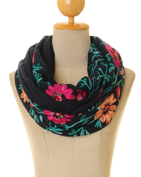 Embroidered Scarf Black Infinity Scarf Floral Scarf